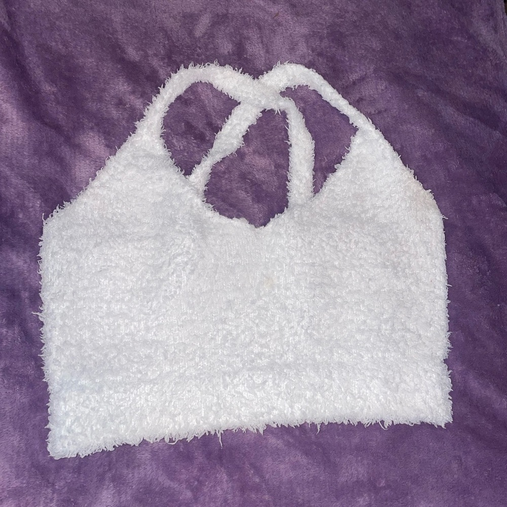 EUC medium POL white fuzzy crop tank top.